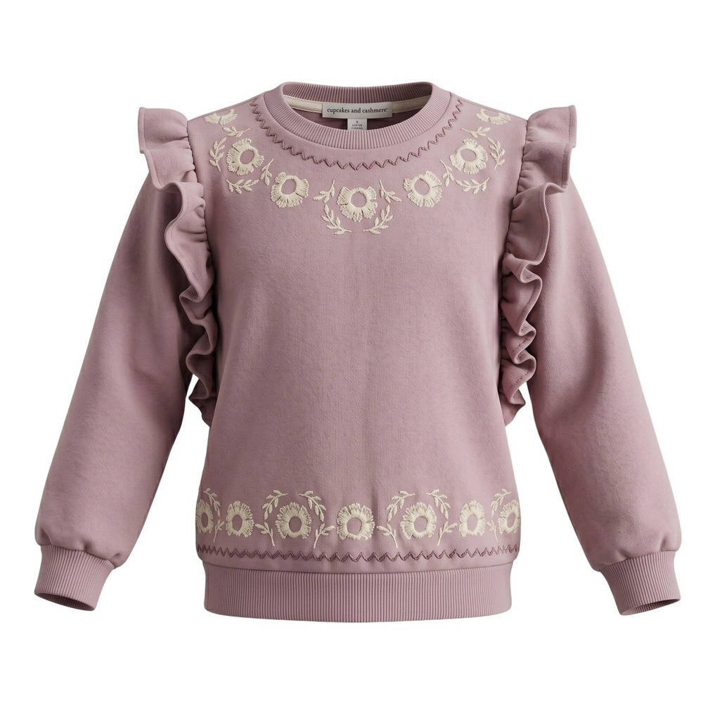 Cupcakes and Cashmere Girls Mauve Floral Embroidered Ruffle Sweatshirt S 5/6